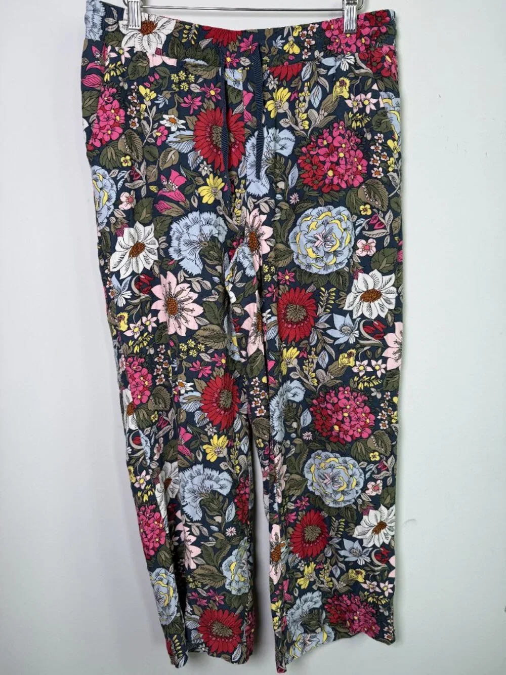 LOFT Petites Navy Floral Wide Leg Pull-On Pants Drawstring Sz MP